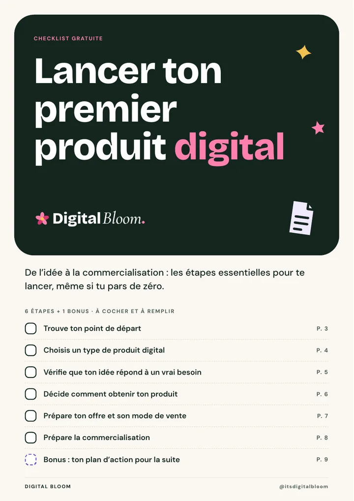 Couverture de la checklist : « Lancer ton premier produit digital », 6 étapes et 1 bonus à cocher et à remplir.