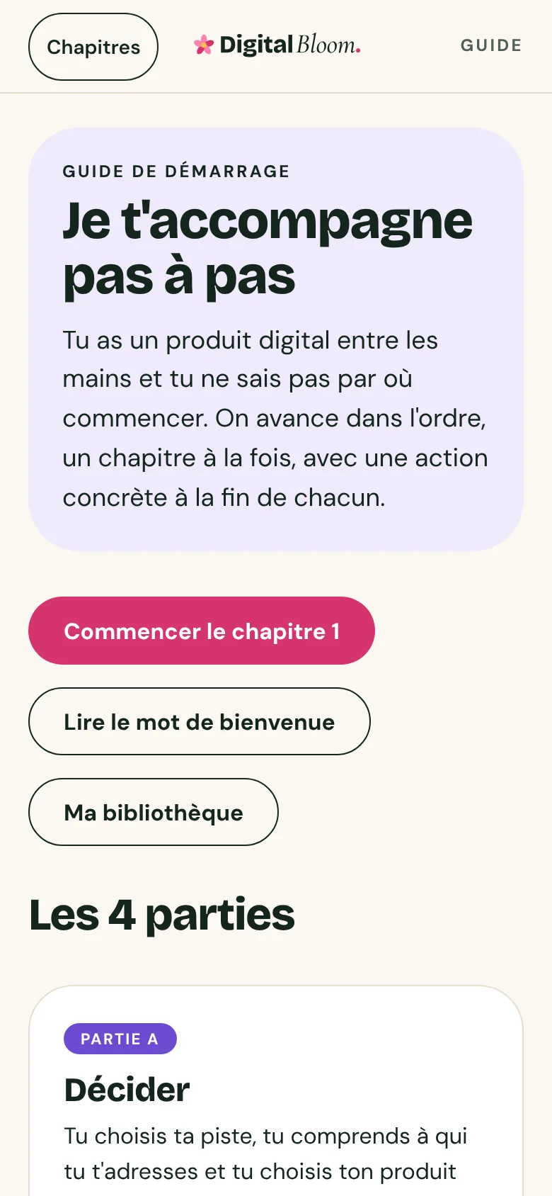 Accueil du guide sur téléphone : « Je t'accompagne pas à pas », puis les 4 parties du guide.